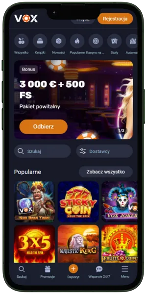 Vox Casino — przykład interfejsu mobilnego